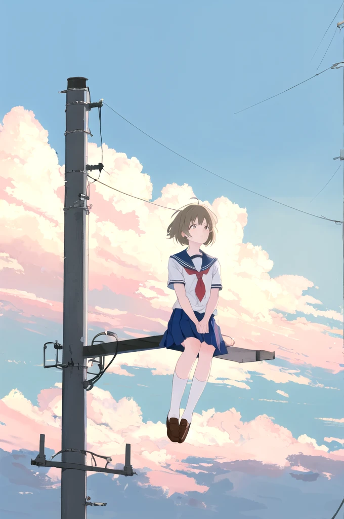 (best quality, masterpiece, highres),1girl,solo,student,school_uniform,short shaggy hair,sitting,in summer,
on utility pole,cloud,sky,