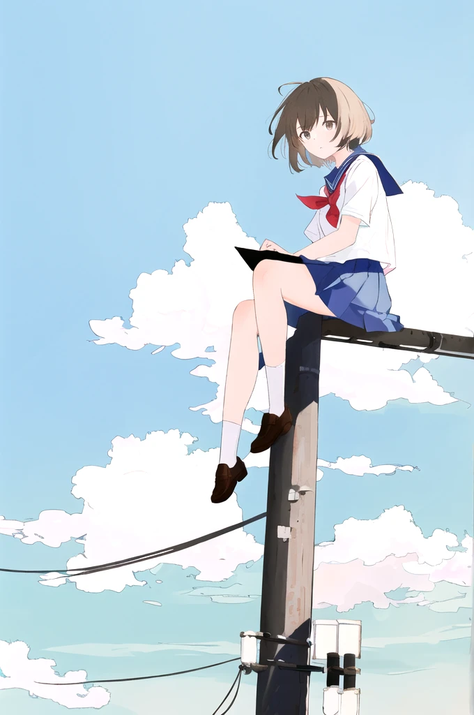 (best quality, masterpiece, highres),1girl,solo,student,school_uniform,short shaggy hair,sitting,in summer,
on utility pole,cloud,sky,