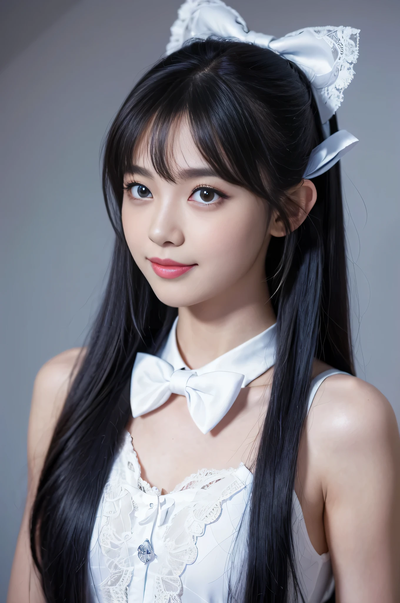 girl,single,Long hair,Looking at the audience,Bangs,blue eyes,Bow,Ribbon,Upper Body,White hair,Bow,bow tie,Lips,eyelash,蓝Bow,白Bow,Lace,curls,lifelike,Smiling