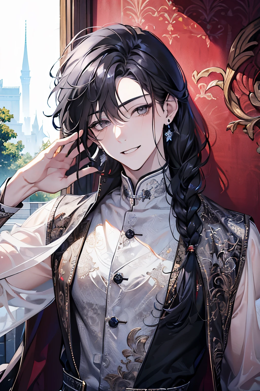 ((17years old men's:1.2)), masterpiece, best quality, braid hair, black hair, (portrait), shiny gray eyes, white See-through dress, palace,outdoors,,perfect hands,(check pattern costume:1.1),looking front,((Large and gorgeous earrings:1.1)),smile,((wave hair:1.2)),(arm up:1.3),