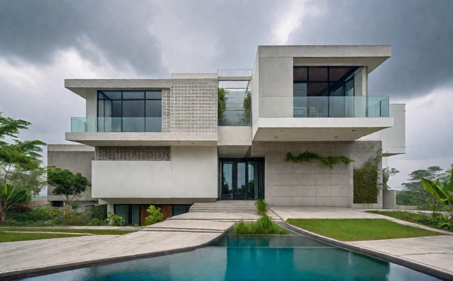 RAW photograph taken with the Nikon D7500 + AF-S DX NIKKOR camera, 18mm lens, ultra-wide, overhead angle, 8K, top quality, HDR, extremely high realism, extreme realism, lamp temperature 9,000K, at 7 am, on a very cold morning with (((strong and heavy rain))) and a (((completely gray sky))). In the heart of a vibrant city, Casa Vértice stood majestically. A symbol of brutalist architecture, with its four imposing floors. The facade, a statement of power and simplicity, contrasted with the softness of the surrounding balconies, supported by Ionic columns, like guardians that protected the residence. On rainy afternoons, when the clouds gathered to weave a gray blanket over the city, Casa Vértice transformed into a peaceful and serene refuge. Hanging plants on balconies danced to the rhythm of the rain, while slit-shaped windows let filtered light create hypnotic patterns throughout the interiors. In the center of the vast garden, a narrow lake reflected the gloom of the sky. A sculpture of a woman, carved from white marble, emerged from the calm waters. Her graceful, contemplative pose seemed to capture the essence of the rainy afternoon, evoking a sense of serenity and introspection. Inside Casa Vértice, spaces flowed harmoniously, connecting like parts of an architectural symphony. Residents could admire the beauty of the lake and the sculpture even on rainy days, thanks to the large windows that embraced each room. Thus, Casa Vértice became more than a simple residence. It was a testament to the human ability to create beauty even in the midst of a storm, a celebration of the union between brutalism and delicacy, between the strength of architecture and the serenity of nature.