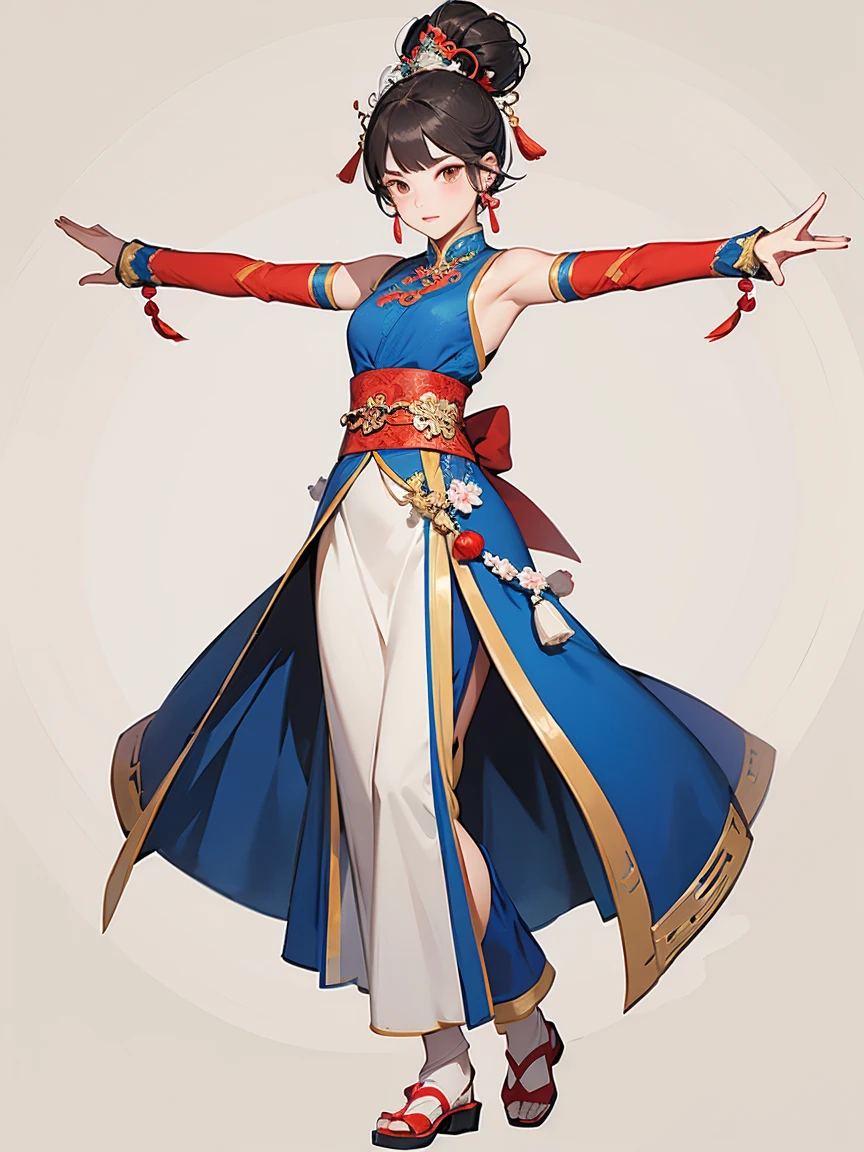 Costume，Chinese Tang Dynasty women，Standing，Show your shoulders,Show your neck，(((Show your arms)))，Show your thighs，Embroidered shoes，Ball head hairstyle，whole body，Blank Background