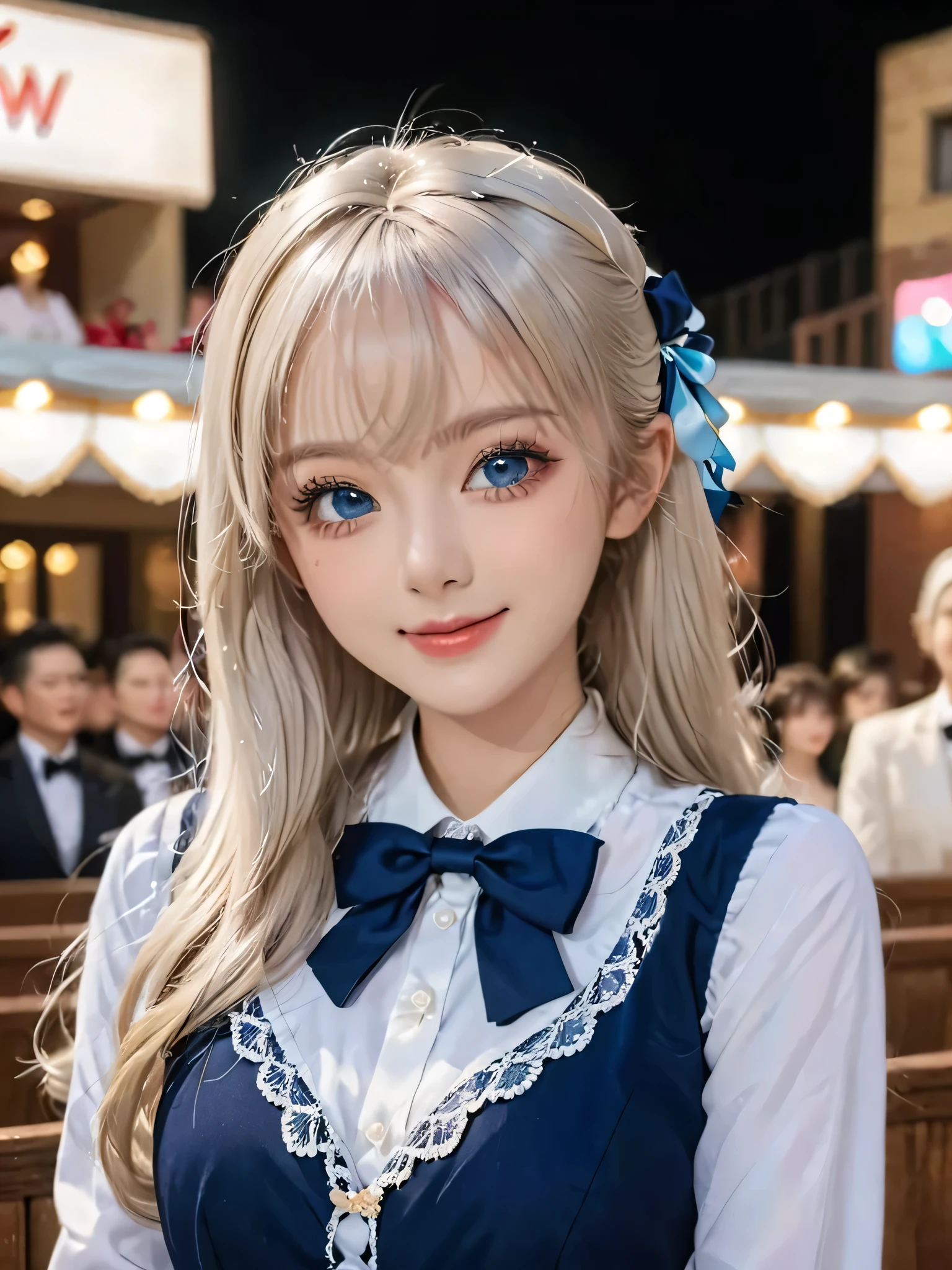 girl,single,Long hair,Looking at the audience,Bangs,blue eyes,Bow,Ribbon,Upper Body,White hair,Bow,bow tie,Lips,eyelash,蓝Bow,白Bow,Lace,curls,lifelike,Smiling