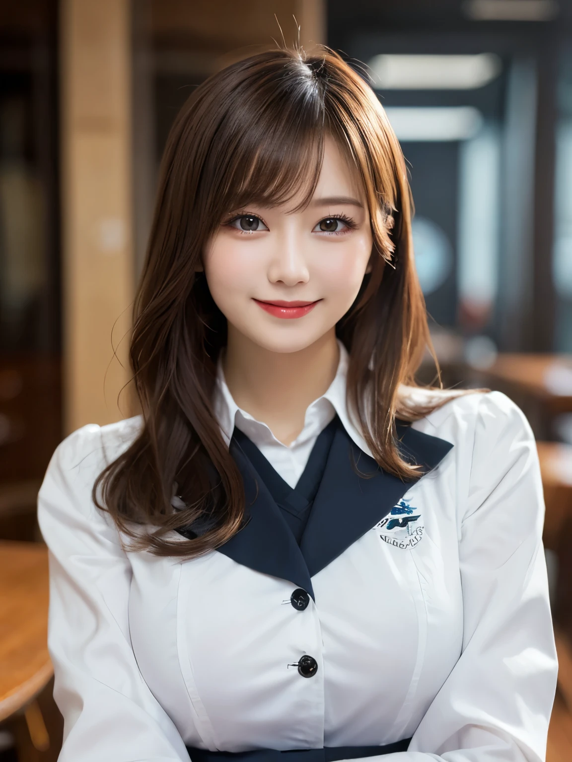 Tabletop, Highest quality, shape, Very detailed, In detail, High resolution, 8k wallpaper, Perfect dynamic composition, Beautiful details, White Magic Academy Uniform, Natural Lip, Big Breasts, Exposing the breasts,Asymmetrical Wave Hairstyle, smile