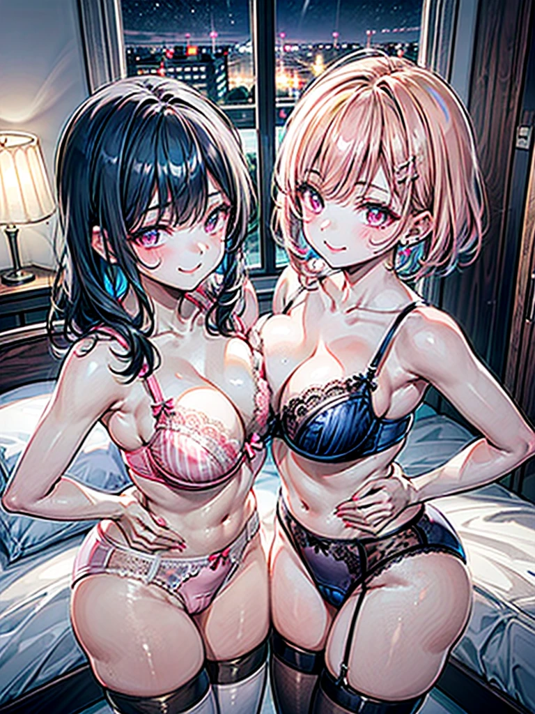 (Best quality, 8k, 32k, Masterpiece, UHD,:1.2),RAW, human, ((2girls)),ultra cute , ultra cute, natural lighting,transparent shining eyes, 20yo,Medium breast ,femur, fair complexion , flushed face, ,breast, embarrassed, ,from Above , ultra cute, lace bra and high-waisted panties,Lace garter belt with sheer stockings, Cowboy shot, wedgie, Touching each other, shiny, near windows, Closeup, (pink or navy underwear), nsfw, short or medium hair, at night, hotel bedroom, Happily smiling,