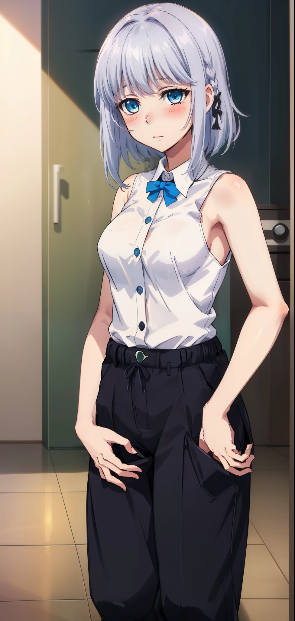 1 girl, kanon kanase,  blush, medium breasts, sleeveless,((( shirts, pants))),  20-year-old, healthy skin, closed mouth, (indoors), detailed eyes.