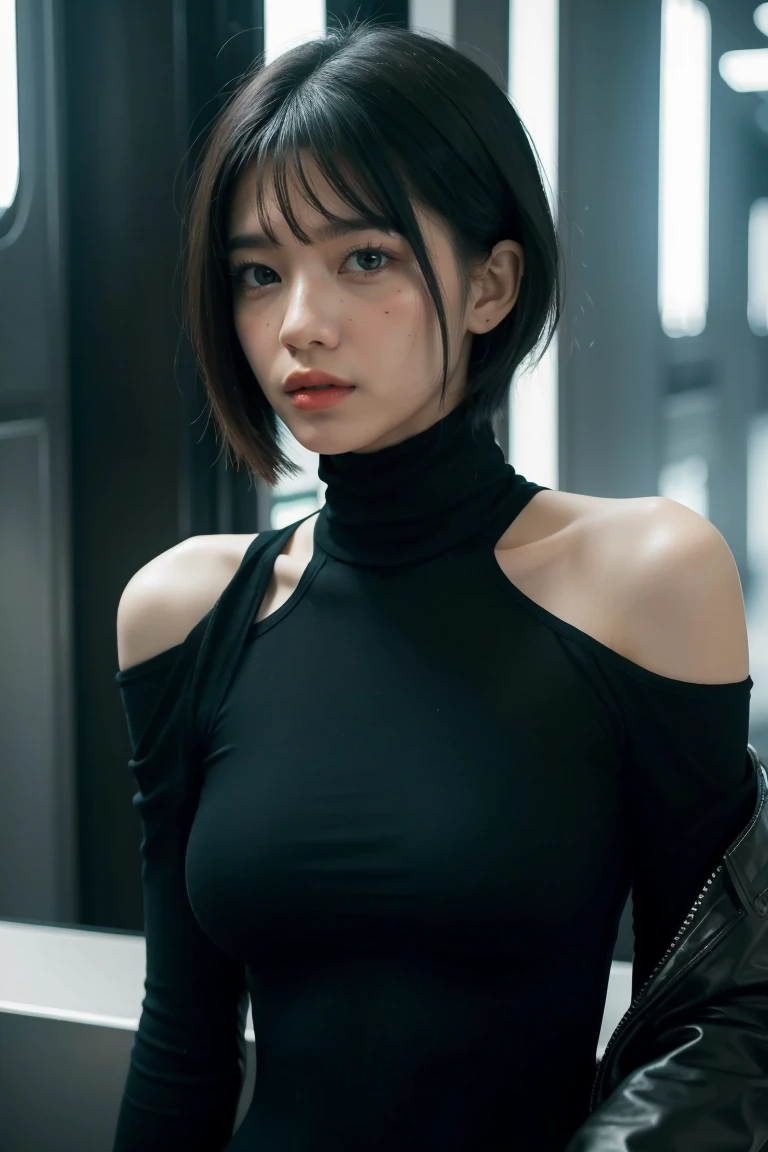 cyberpunk edgerunners, 1girl, lucy (cyberpunk), bare shoulders, vibrant green eyes, breasts, leotard, looking at viewer, medium breasts, off-shoulder jacket, off shoulder, red eyeliner, short hair, sleeveless turtleneck leotard, solo, turtleneck leotard, black hair, white solid color background, full-body view, Croupier ((masterpiece)) (best quality, masterpiece)