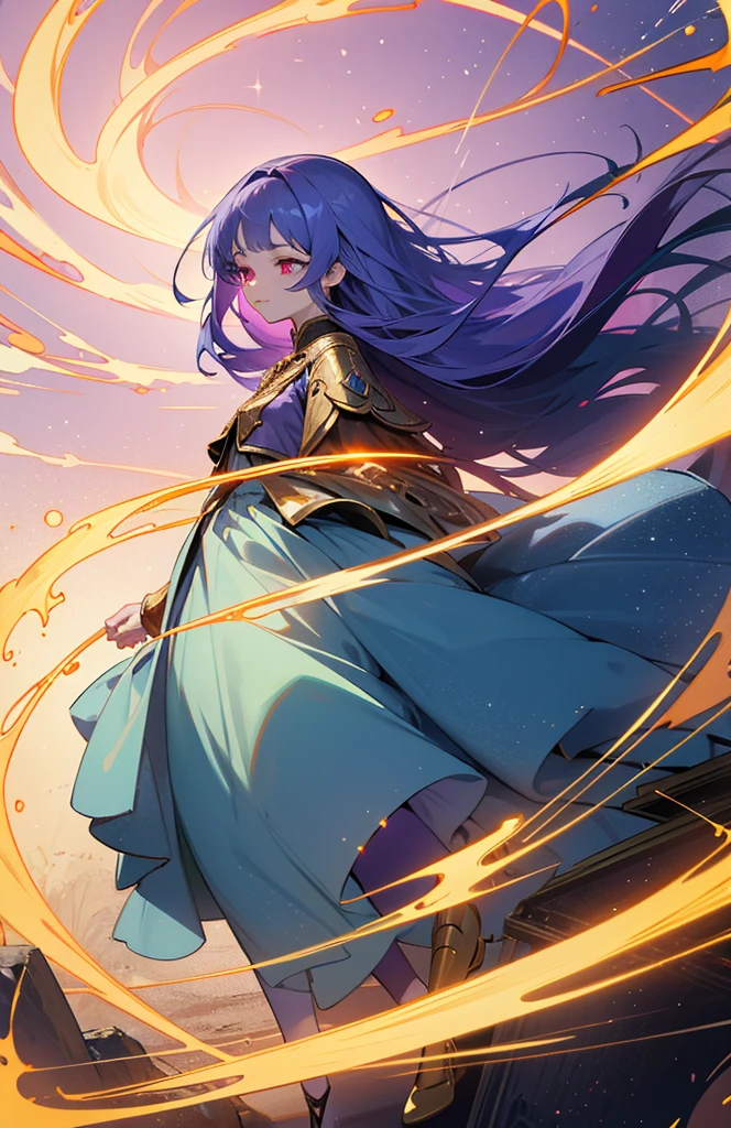 (woman\(Magical girl, Purple long skirt, Long flowing blue hair, Red pupils, Pale skin, Shy face,Shy-eyed), (Many golden magic balls are floating in the air),night，The sky is clear，With a little penetrating moonlight, rest ,quality\(8K,Extremely detailed CG unit wallpaper, masterpiece,high resolution,top-quality,top-quality real texture skin,Surrealism,提high resolution,original photo,Best quality,Very detailed,light,Ray Tracing,Golden Ratio\)