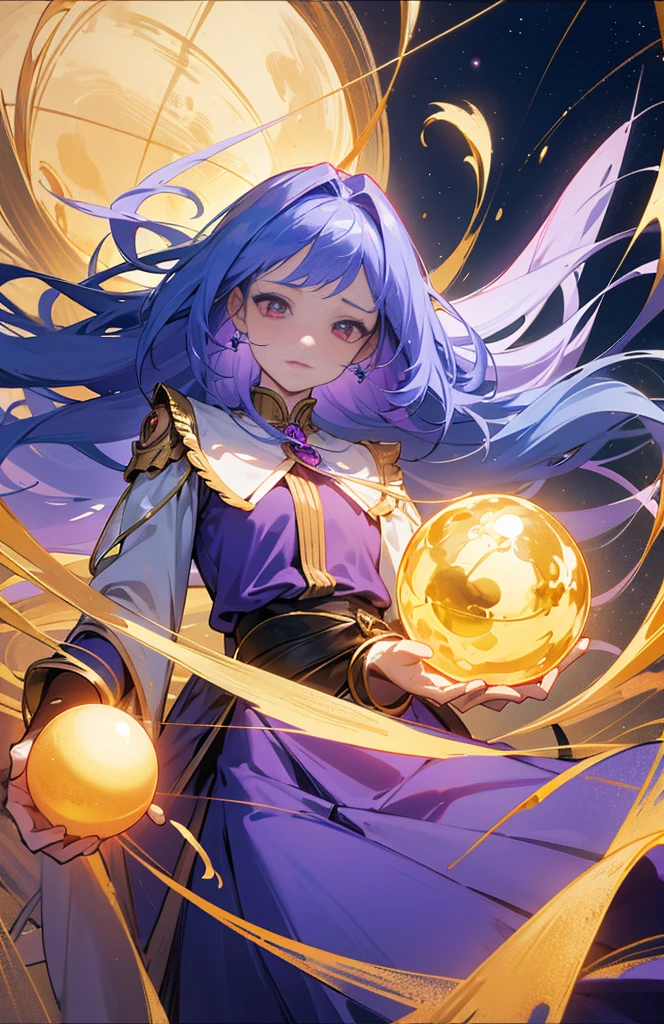 (woman\(Magical girl, Purple long skirt, Long flowing blue hair, Red pupils, Pale skin, Shy face,Shy-eyed), (Many golden magic balls are floating in the air),night，The sky is clear，With a little penetrating moonlight, rest ,quality\(8K,Extremely detailed CG unit wallpaper, masterpiece,high resolution,top-quality,top-quality real texture skin,Surrealism,提high resolution,original photo,Best quality,Very detailed,light,Ray Tracing,Golden Ratio\)