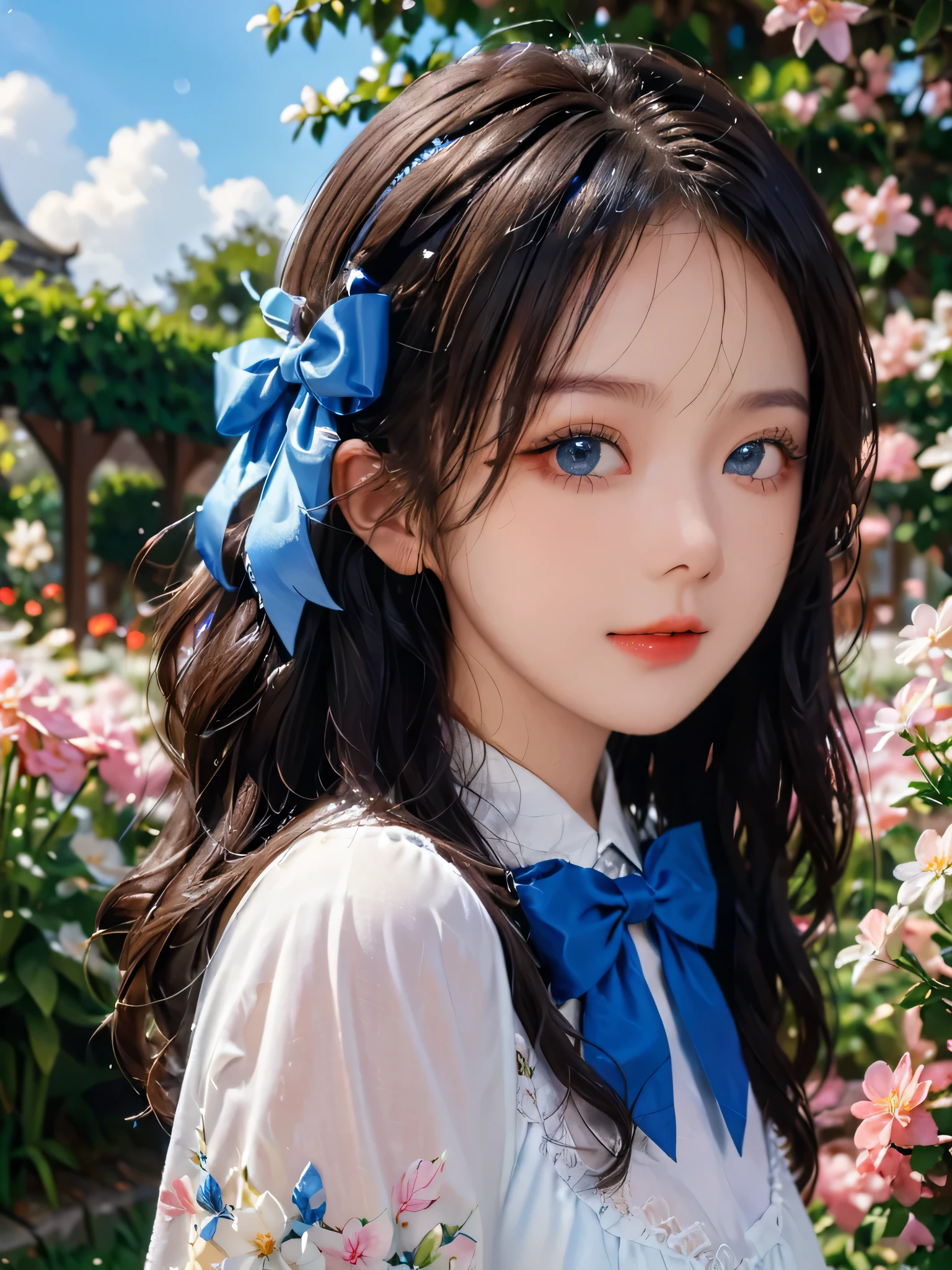 girl，single，Long hair，Looking at the audience，bangs，blue eyes，Bow，Ribbon，Upper Body，White hair，Bow，bow tie，Lips，eyelash，蓝Bow，白Bow，Lace，curls，lifelike，Smiling，A beautiful woman standing in a dreamy garden，Describes high quality，Ultra Detail，and the level of a masterpiece，With 8k resolution。Her eyes were deep and bright，Like an ocean covered with stars，Her lips curled into a charming smile。This woman exudes youthful vitality，Showing a desire for love。This scene captures the charming and vibrant atmosphere of the garden。