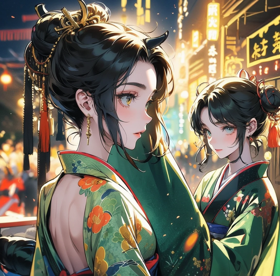 1 person、Green gorgeous kimono、,race,Black Hair、Short bun hair、hair ornaments、necklace、back、Golden devil horns、Anatomically correct,Fireworks in the night sky、