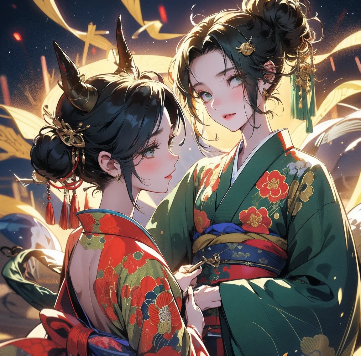 1 person、Green gorgeous kimono、,race,Black Hair、Short bun hair、hair ornaments、necklace、back、Golden devil horns、Anatomically correct,Fireworks in the night sky、