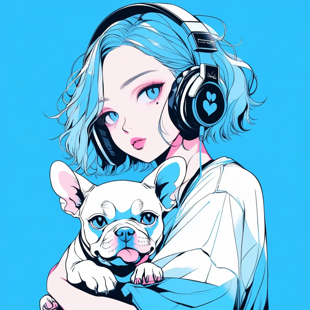 Illustrator, anime , Realistic ,sketch , A girl holding a cute bulldog puppy wearing headphones, ,lip, T-shirt,order,Textured Trim, (masterpiece,Highest quality) Blue background, Neon Hair,Textured Trim, Canadian, (masterpiece,Highest quality) Cancer,