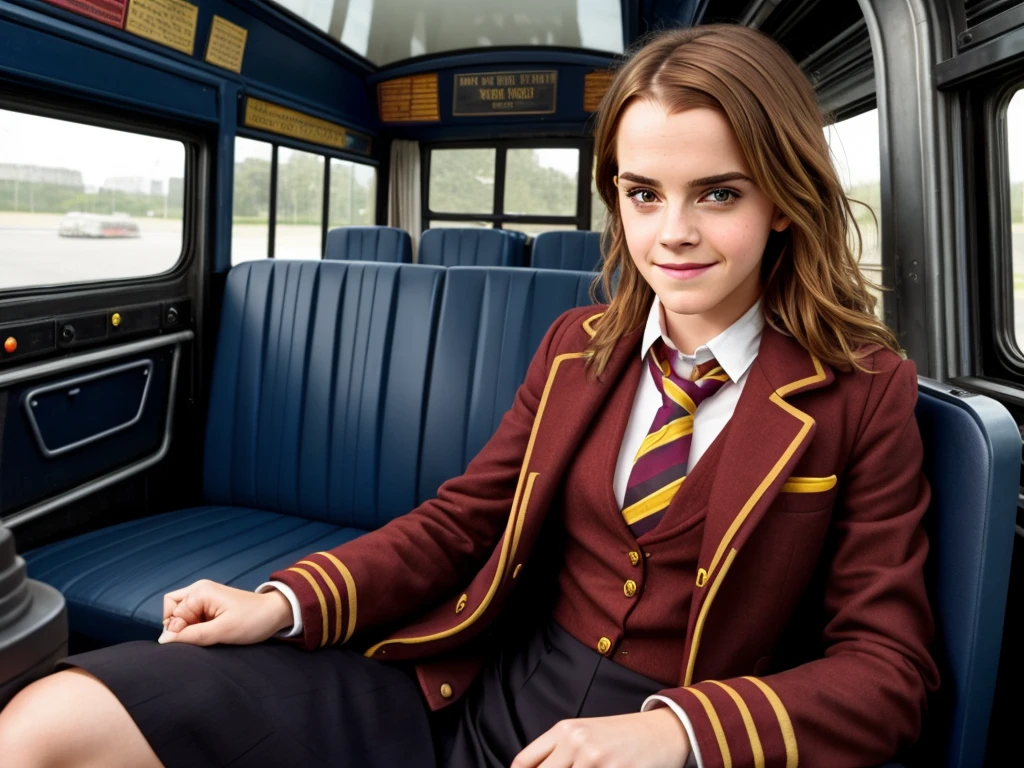 Emma Watson wearing Hermione Granger Uniform from harry potter. She sit on a bus driver cockpit smiling and holding the steering wheel. There is window on the bus, the window on the bus have hogwarts in the background.