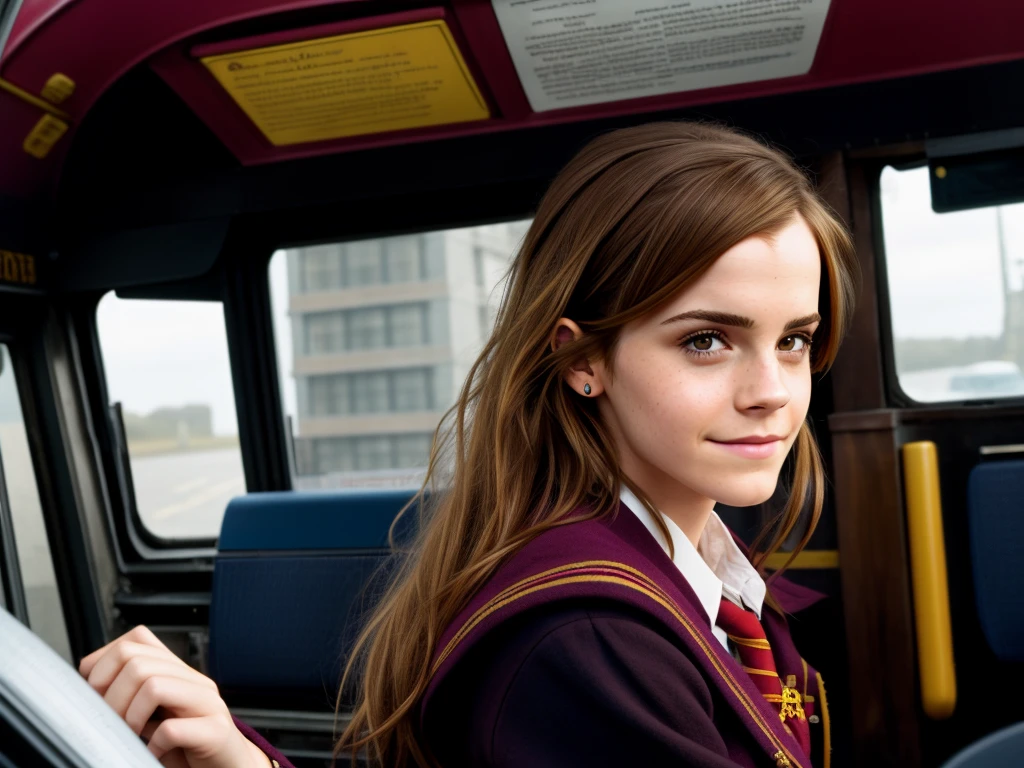 Emma Watson wearing Hermione Granger Uniform from harry potter. She sit on a bus driver cockpit smiling and holding the steering wheel. There is window on the bus, the window on the bus have hogwarts in the background.