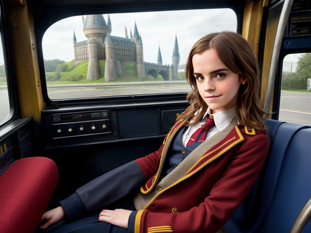 Emma Watson wearing Hermione Granger Uniform from harry potter. She sit on a bus driver cockpit smiling and holding the steering wheel. There is window on the bus, the window on the bus have hogwarts in the background.