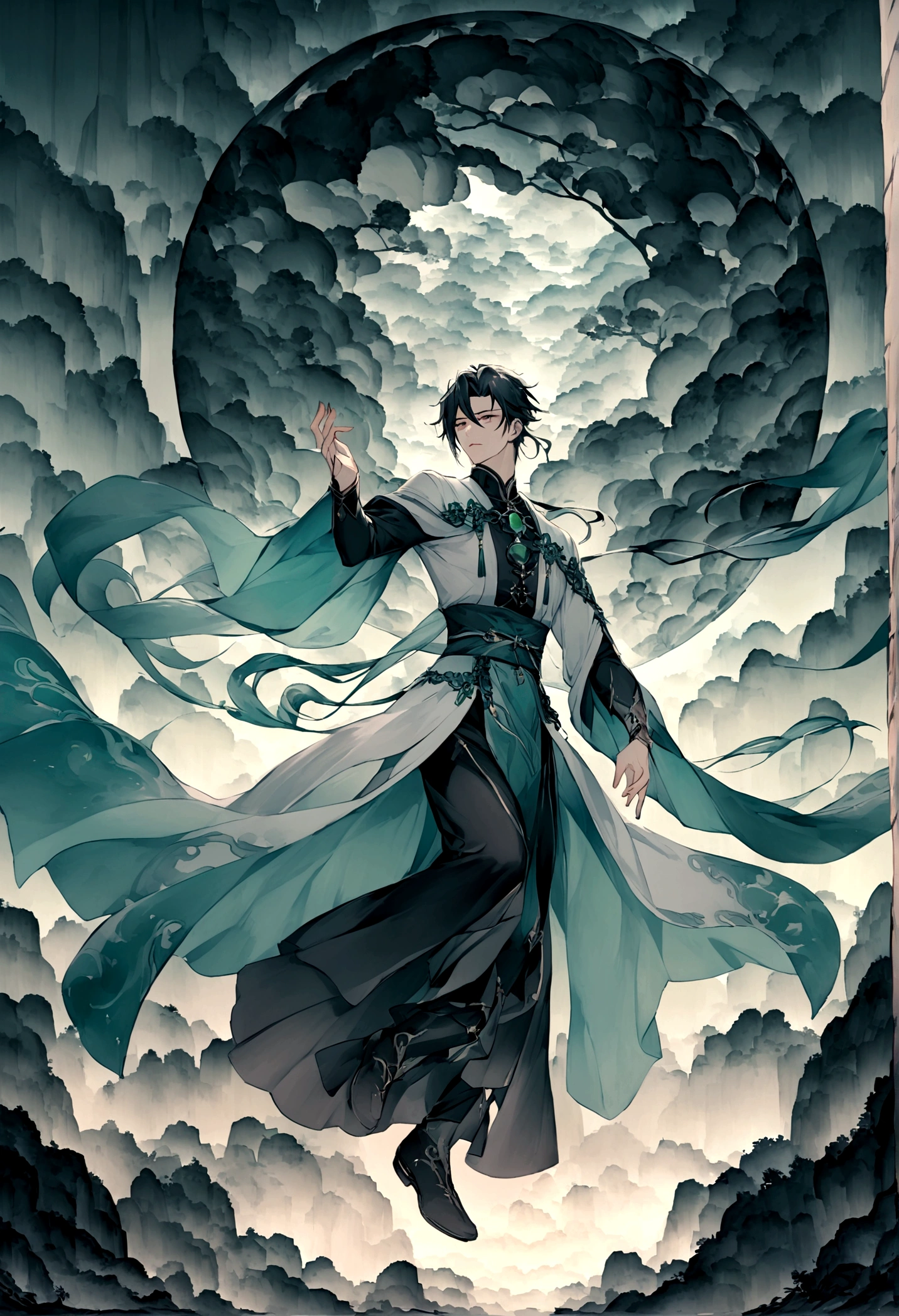 Mysterious forest(ancient cave),((Young male)),Handsome,Jade pendant suspended in the air,Jade pendant in silvery light,Dazzling,dream,((神秘dream的场景))style,Chinese style,Immortal World,Xianxia World