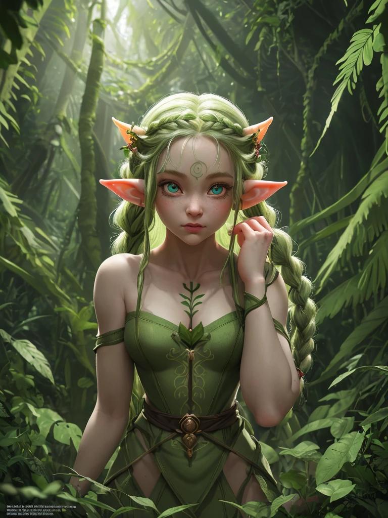 female cute elf, anatomical biometrical hands, in a jungle, two braid hair, wearing elf dress, cute face, full body, (hyper detailed eyes, hyper detailed face), 16k, 8k, RAW photo, best quality, masterpiece, high detail RAW color photo, dramatic lighting, cinematic lighting, back light, professional lighting