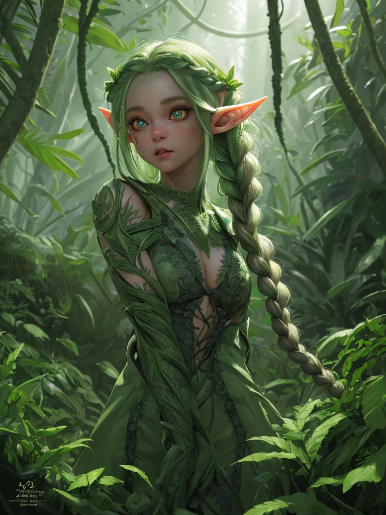 female cute elf, anatomical biometrical hands, in a jungle, two braid hair, wearing elf dress, cute face, full body, (hyper detailed eyes, hyper detailed face), 16k, 8k, RAW photo, best quality, masterpiece, high detail RAW color photo, dramatic lighting, cinematic lighting, back light, professional lighting