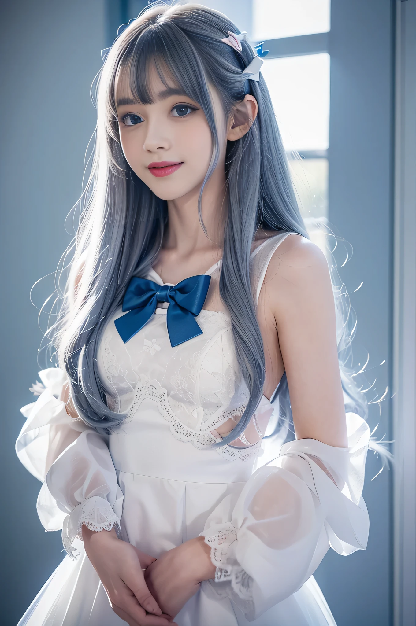 girl，single，Long hair，Looking at the audience，Bangs，blue eyes，Bow，Ribbon，Upper Body，White hair，Bow，bow tie，Lips，eyelash，蓝Bow，白Bow，Lace，curls，lifelike，Smiling，Transparent Clothes，Colorful particles