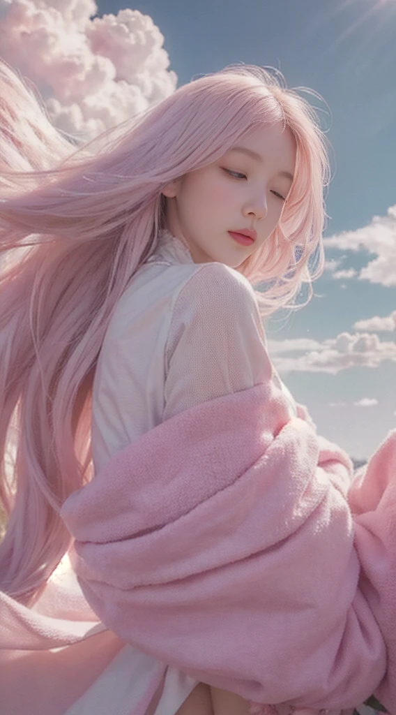 high qulity，4K，detailed detail，Dreamy，hyper realisitc，Up and down opposites，Parallel worlds，Girls fall from the sky，long  white hair，Vertical descent，closing her eyes，Keep quiet，Girl in the Clouds，Pink light and shadow，