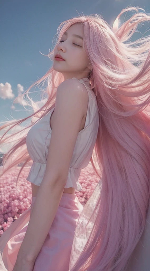 high qulity，4K，detailed detail，Dreamy，hyper realisitc，Up and down opposites，Parallel worlds，Girls fall from the sky，long  white hair，Vertical descent，closing her eyes，Keep quiet，Girl in the Clouds，Pink light and shadow，