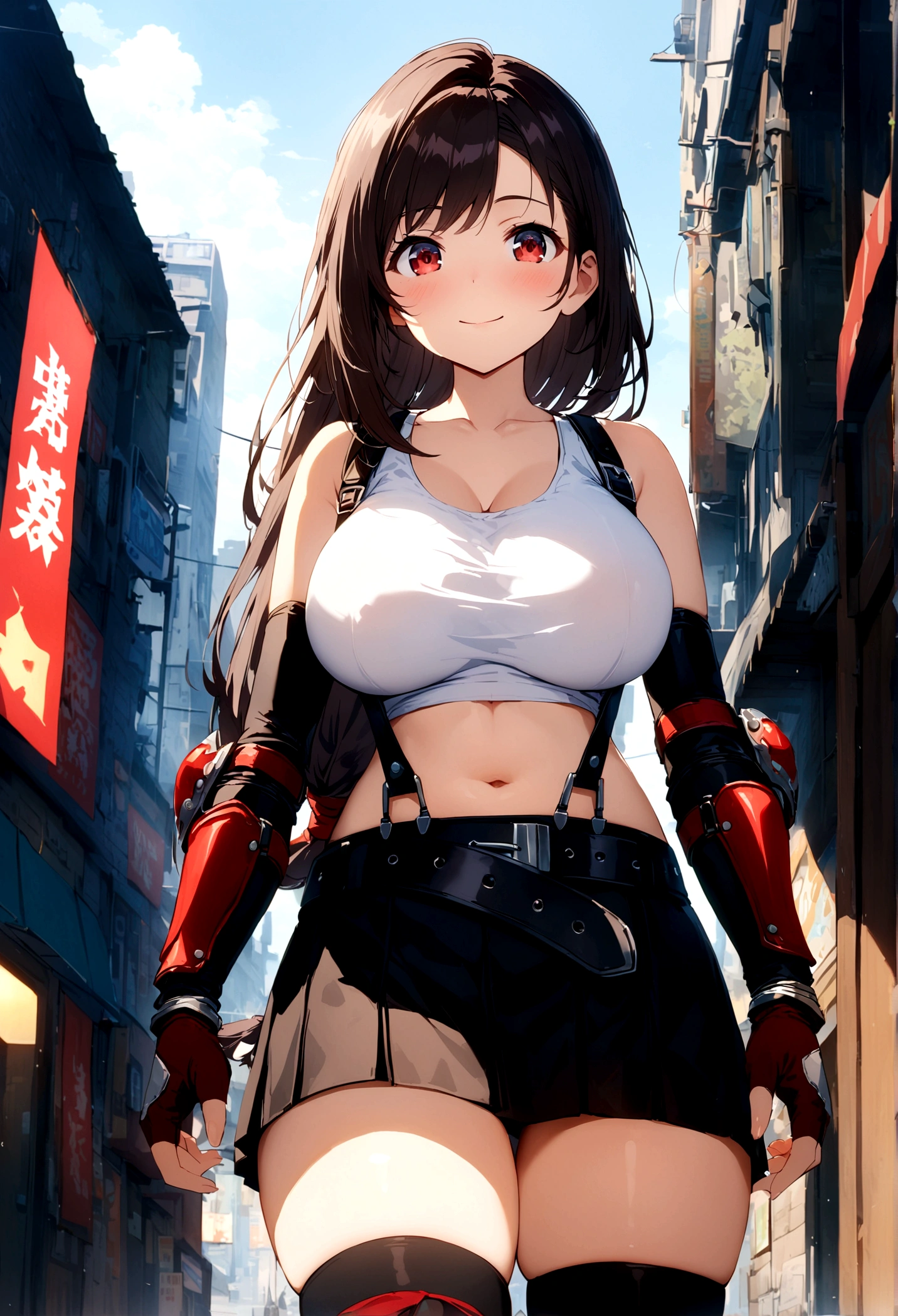 score_9, score_8_up, score_7_up,score_6, score_5,4k,BREAK , (from front:1),from below,breast focus,standing,straight-on,walking,(mediumshot),looking_at_viewer ,1girl, tifa lockhart, final fantasy, tareme,black hair, low-tied long hair, red eyes, bangs, (white tank top, belt, pleated skirt, thighhighs, elbow fingerless gloves, elbow pads, midriff, navel,suspender skirt) ,(large_breast),(light smile),Curvy waist,,Solo,,(daytime and beachside and city),detailed skin,(best quality),(aesthetic,very aesthetic),UHD,HDR,intricate detailed,anime,highly detailed,sharp focus,depth of field,,professional lighting,cinematic lighting, ,