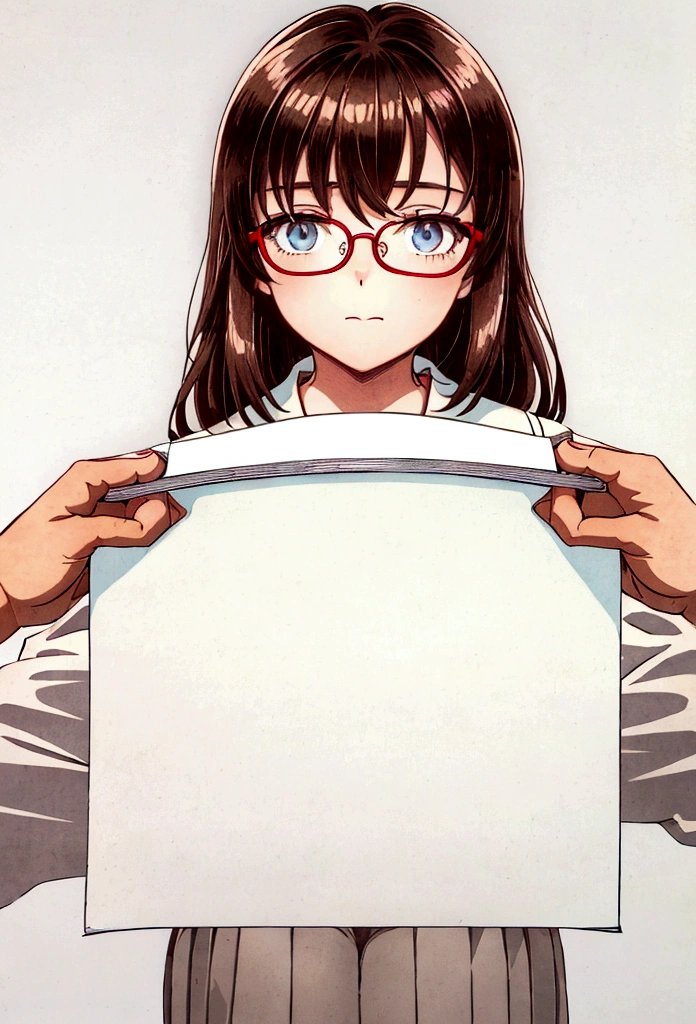 ((best quality)),((highly detailed)),masterpiece,absurdres,detailed face,beautiful face,(detailed eyes, deep eyes),1girl,((dynamic pose)), Asuka, kitauji high , green neckerchief, black hair, blue eyes, neckerchief, glasses, brown shirt, long hair, sailor collar, shirt, long sleeves, smile, serafuku, looking at viewer, white sailor collar, blush, closed mouth, over-rim eyewear, hair between eyes, bangs, semi-rimless eyewear, solo focus, sitting, red-framed eyewear, face resting on hand (holding a blank paper viewing it to the viewer: 1.5)