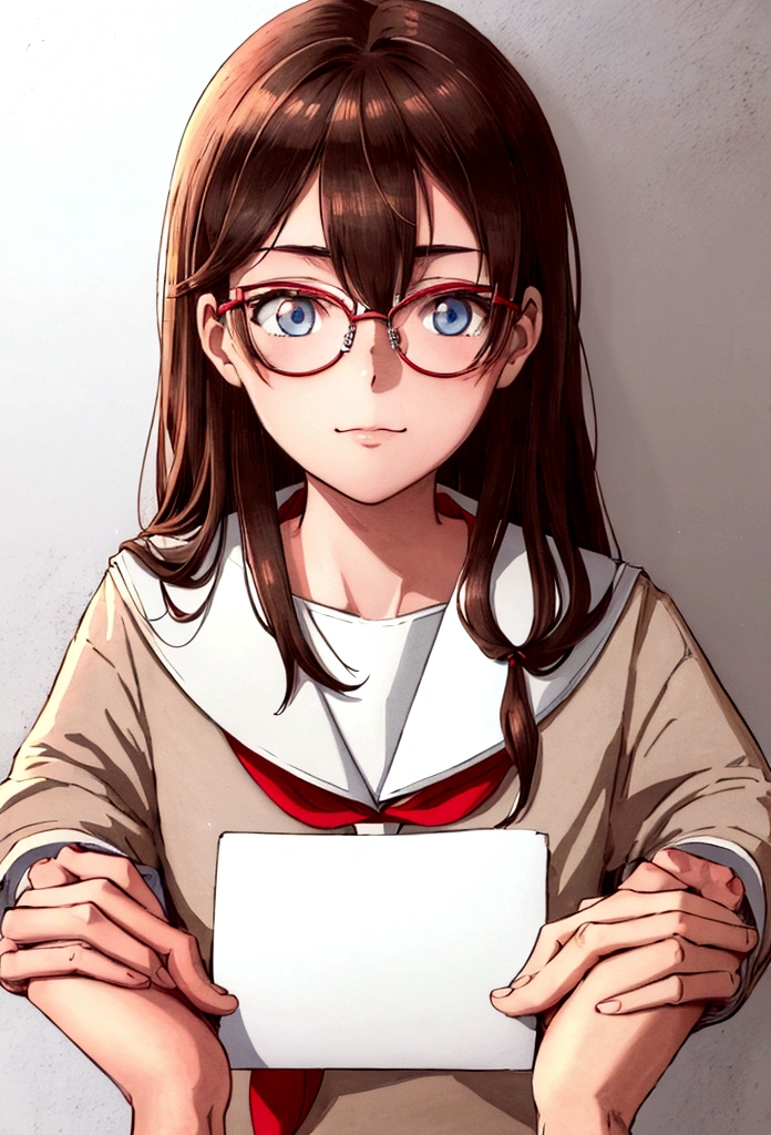 ((best quality)),((highly detailed)),masterpiece,absurdres,detailed face,beautiful face,(detailed eyes, deep eyes),1girl,((dynamic pose)), Asuka, kitauji high , green neckerchief, black hair, blue eyes, neckerchief, glasses, brown shirt, long hair, sailor collar, shirt, long sleeves, smile, serafuku, looking at viewer, white sailor collar, blush, closed mouth, over-rim eyewear, hair between eyes, bangs, semi-rimless eyewear, solo focus, sitting, red-framed eyewear, face resting on hand (holding a blank paper viewing it to the viewer: 1.5)