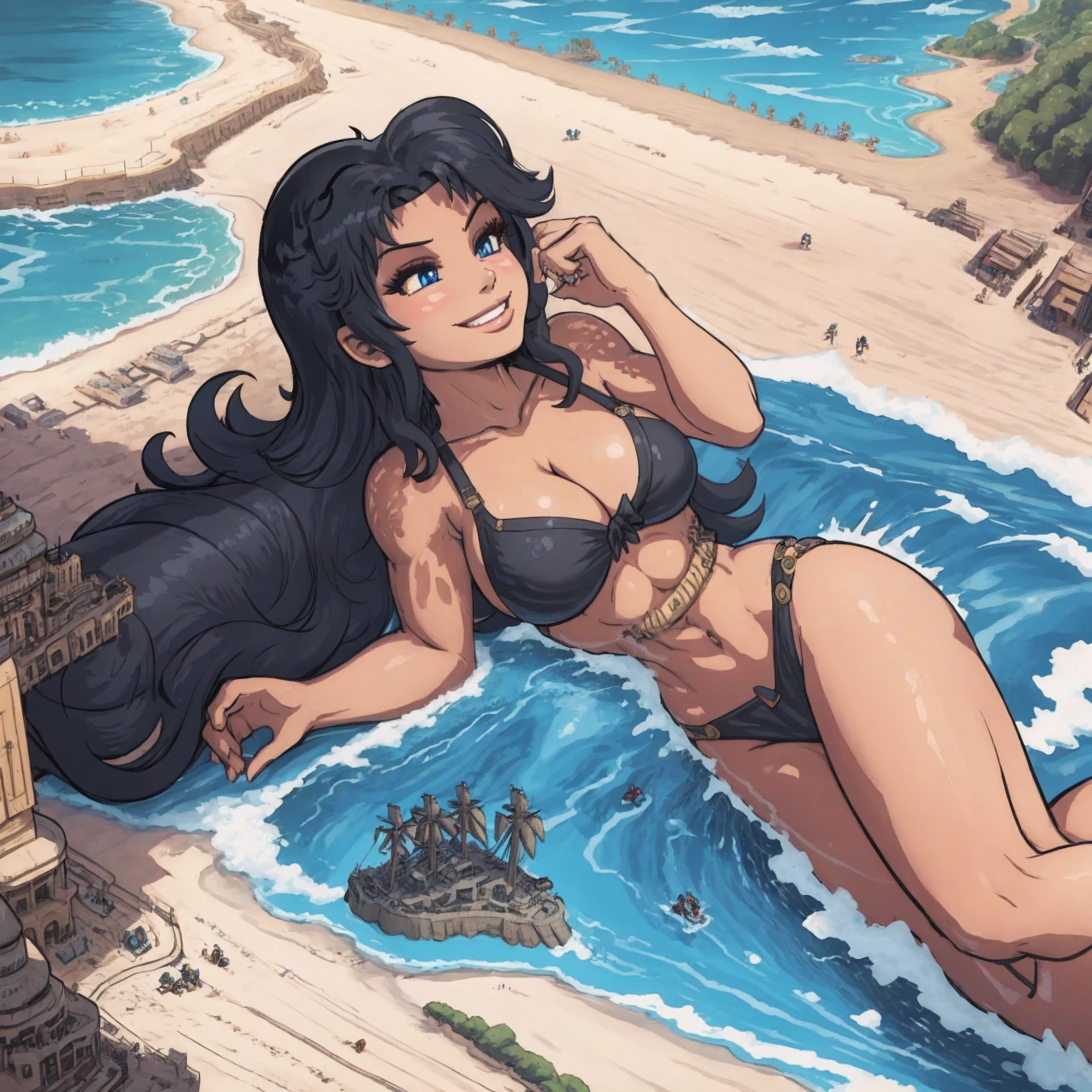 giantess, female, black hair, blue eyes, muscular build, bikini, large breasts, smiling, reclining on sand, (giantess:1.6), beachside, surrounded by tiny people, karbo,