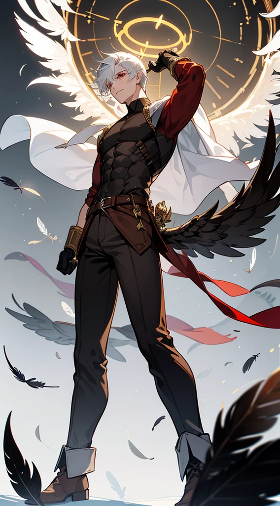 book cover, artistic image, Handsome man, white hair, very short hair, ((crew cut: 1)), red eyes, fair skin, ((muscular: 1)), man, 28 years old, muscular, in good shape , muscular. no shirt, gold details, brown leather shawl, baggy gray pants, black and brown belts, black boots, brown gloves, lots of belts, red halo, halo behind the head, feathers flying, horns on the head, feathers falling, angel transformation, transformation Demon, human will not transform, three transformations, black feathers, white feathers, elemental power of light, elemental power of shadow, a seraph of chaos, several skeleton hands, power of death, power of life.

￼



