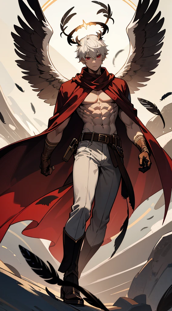book cover, artistic image, Handsome man, white hair, very short hair, ((crew cut: 1)), red eyes, fair skin, ((muscular: 1)), man, 28 years old, muscular, in good shape , muscular. , gold details, brown leather shawl, baggy gray pants, black and brown belts, black boots, brown gloves, lots of belts, red halo, halo behind the head, feathers flying, horns on the head, feathers falling, angel transformation, transformation Demon, human will not transform, three transformations, black feathers, white feathers, elemental power of light, elemental power of shadow, a seraph of chaos, several skeleton hands, power of death, power of life.

￼



