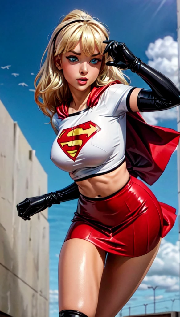 (cowboy shot), SFW, (masterpiece), (best quality: 1.0), (ultra highres: 1.0), detailed eyes, BREAK Supergirl, 1girl, long blonde hair, in the air, flying hair band, (((black\))) crop top, short sleeves, cape, black pencil skirt), gloves, boots BREAK (Famous, interview, among audiences)
