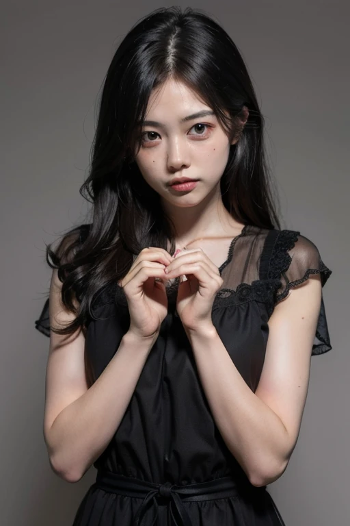 Doing a heart with her hands 

