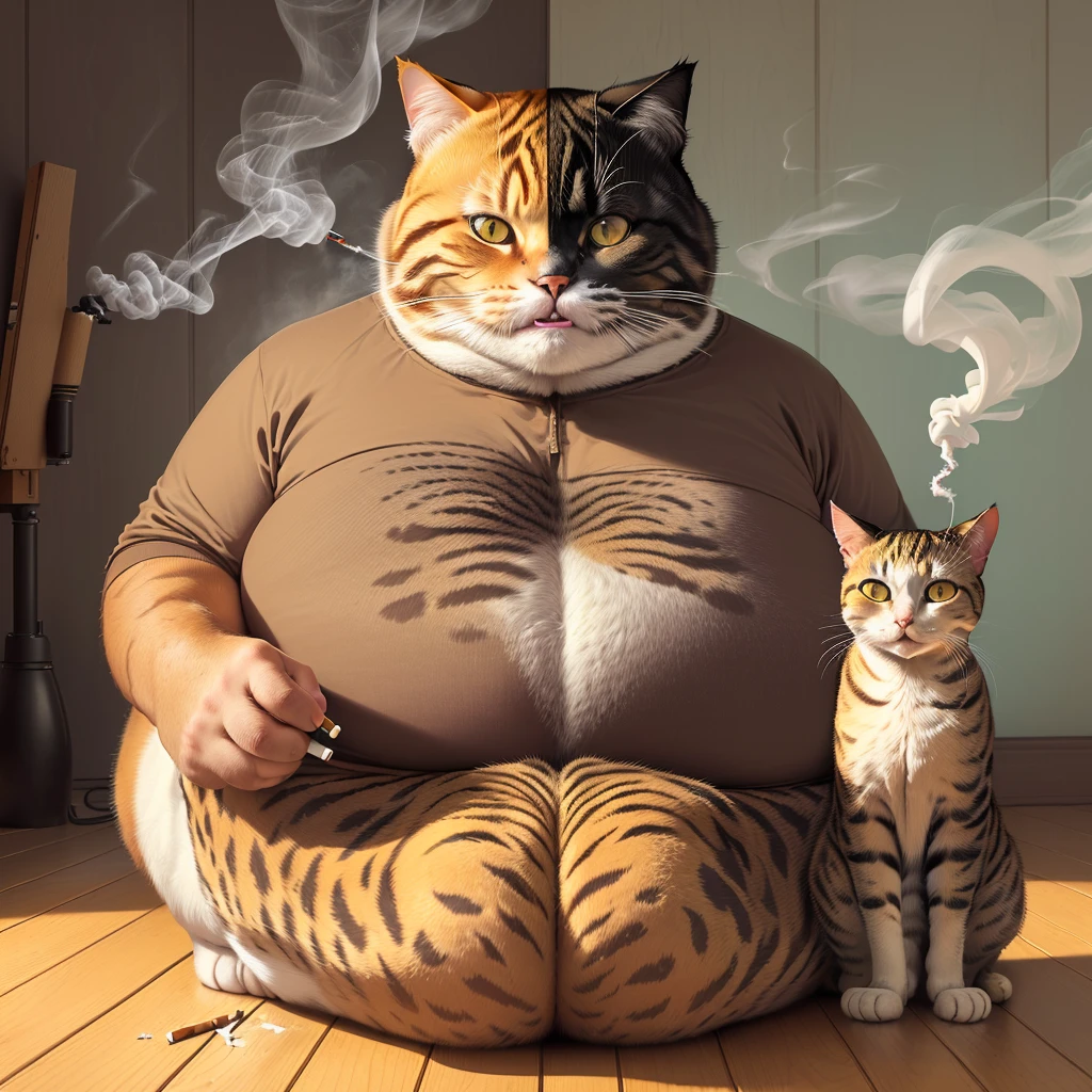 arafed cat sitting on a wooden floor with a cigarette in its mouth, cat smoking a cigarette, Cat smoking a cigar, Fat Cat, Fat Cat superhero, Surreal illustration, Surreal illustration, obesity ), Big Mouth Cat, Surreal illustration, smoking body, cigarettes, highly realistic photograph, morbidly obesity, Hyperrealistic illustrations, obesity, cigarette