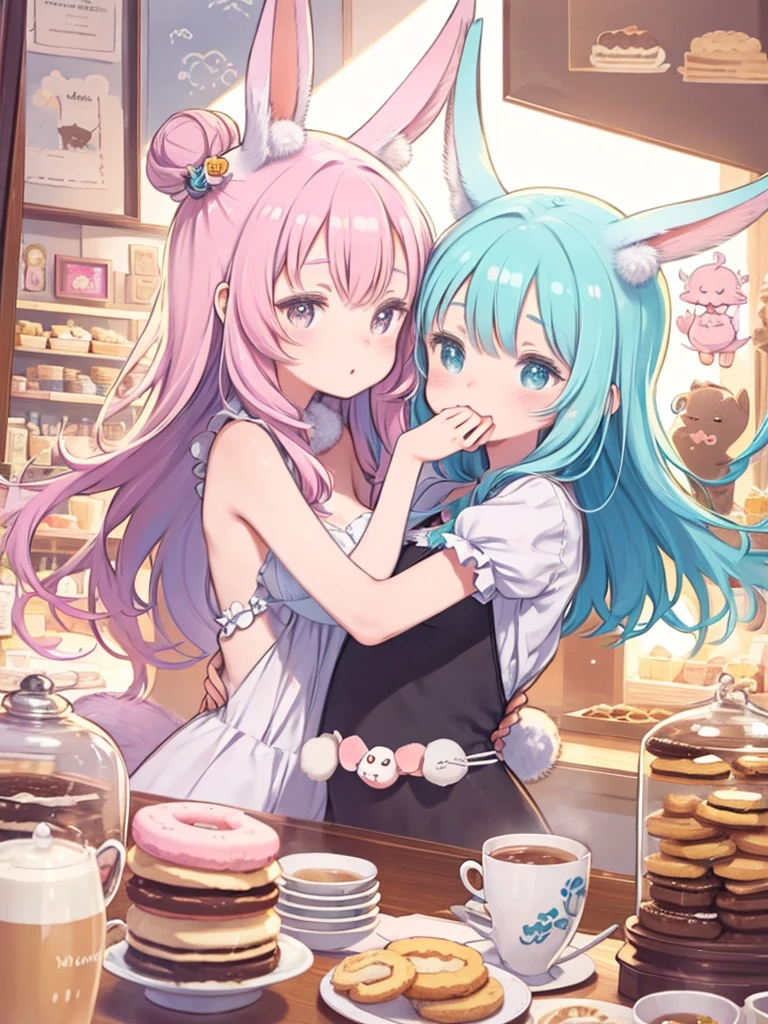 (cute illustration:1.5), There are also rabbits , cute with rabbit ears, hair color is pink , Blue pastel outfit、Hug a fluffy white rabbit、Tea Party、cake、 Macaroons、donut、cookie、Black tea、cute、cute 、sweet、fluffy、sweet、Light color