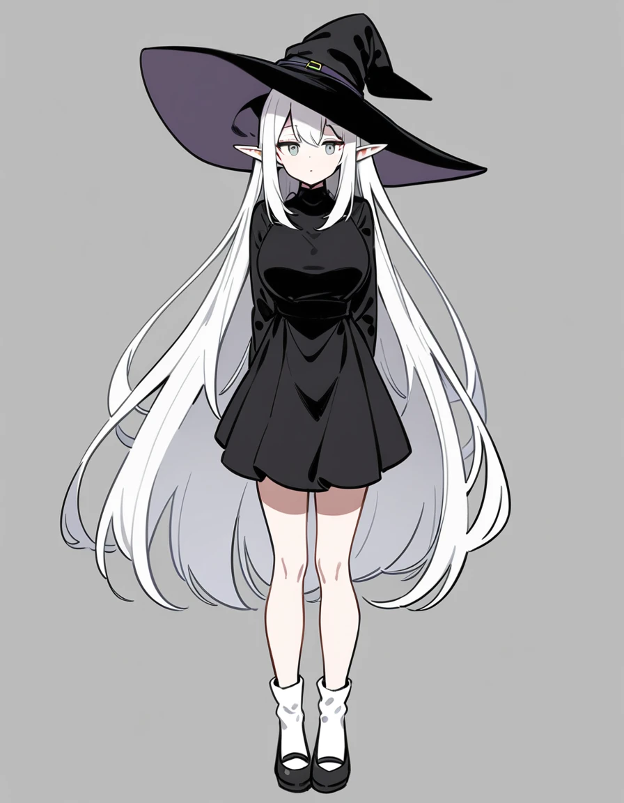 girl, White hair, Very long hair, elf, grey eyes, , black , big breasts, White socks, black обувь, witch hat, black witch hat, full height, calm, emotionless, 