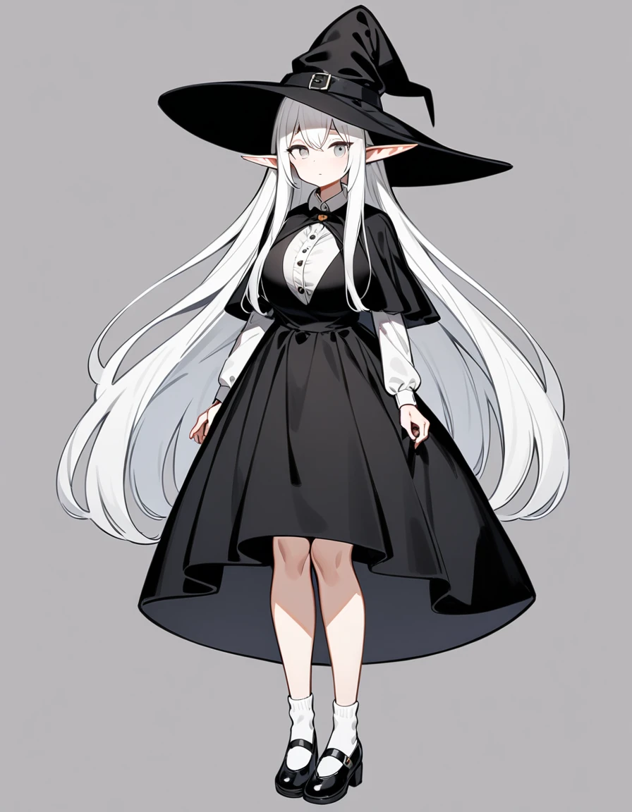 girl, White hair, Very long hair, elf, grey eyes, , black , big breasts, White socks, black обувь, witch hat, black witch hat, full height, calm, emotionless, 