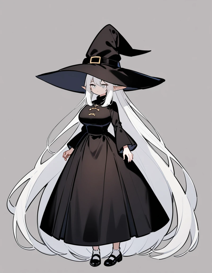 girl, White hair, Very long hair, elf, grey eyes, , black , big breasts, White socks, black обувь, witch hat, black witch hat, full height, calm, emotionless, 