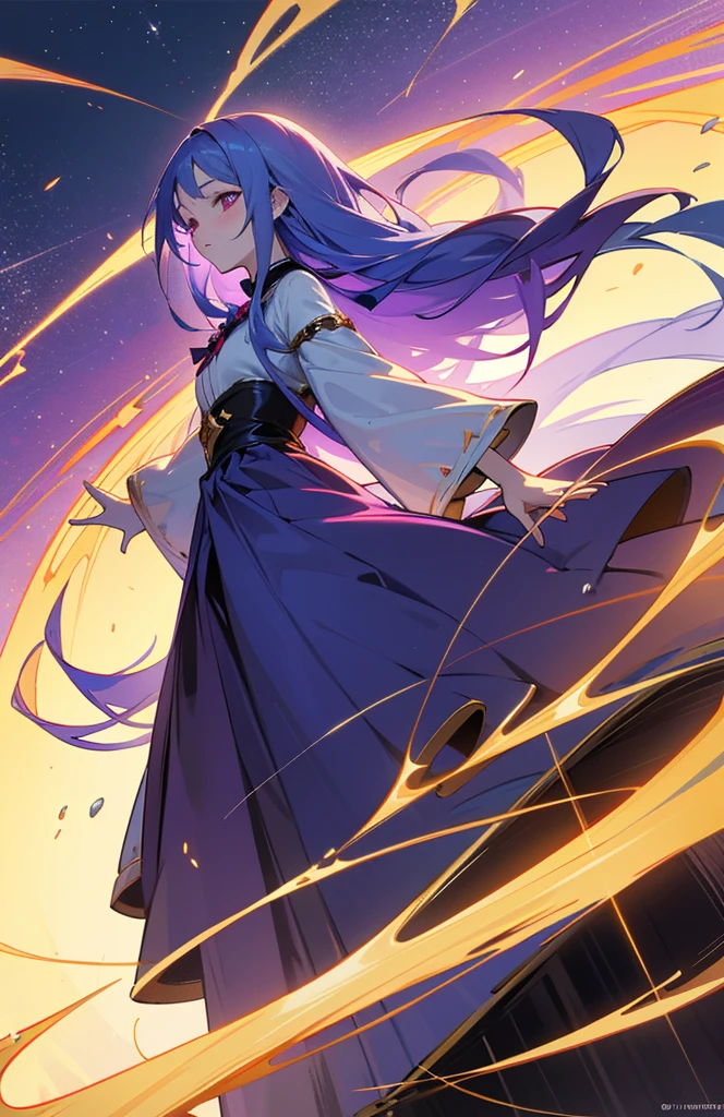 (woman\(Magical girl, Purple long skirt, Long flowing blue hair, Red pupils, Pale skin, Shy face,Shy-eyed), (Magic ball floating in the air),night，The sky is clear，With a little penetrating moonlight, rest ,quality\(8K,Extremely detailed CG unit wallpaper, masterpiece,high resolution,top-quality,top-quality real texture skin,Surrealism,提high resolution,original photo,Best quality,Very detailed,light,Ray Tracing,Golden Ratio\)