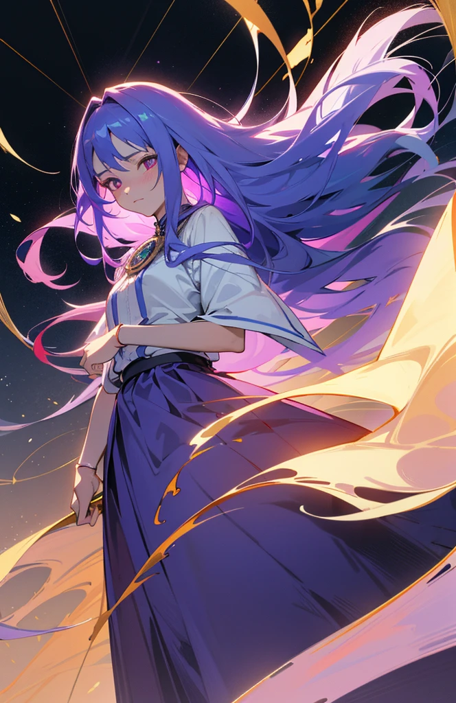 (woman\(Magical girl, Purple long skirt, Long flowing blue hair, Red pupils, Pale skin, Shy face,Shy-eyed), (Magic ball floating in the air),night,The sky is clear,With a little penetrating moonlight, rest ,quality\(8K,Extremely detailed CG unit wallpaper, masterpiece,high resolution,top-quality,top-quality real texture skin,Surrealism,提high resolution,original photo,Best quality,Very detailed,light,Ray Tracing,Golden Ratio\)