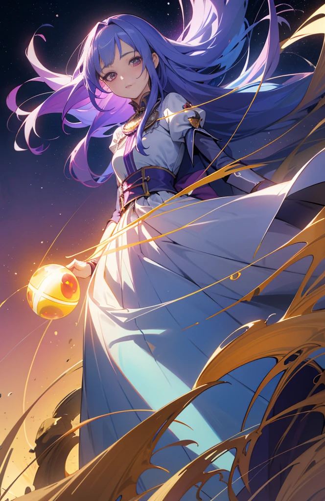 (woman\(Magical girl, Purple long skirt, Long flowing blue hair, Red pupils, Pale skin, Shy face,Shy-eyed), (Magic ball floating in the air),night，The sky is clear，With a little  moonlight, rest ,quality\(8K,Extremely detailed CG unit wallpaper, masterpiece,high resolution,top-quality,top-quality real texture skin,Surrealism,提high resolution,original photo,Best quality,Very detailed,light,Ray Tracing,Golden Ratio\)