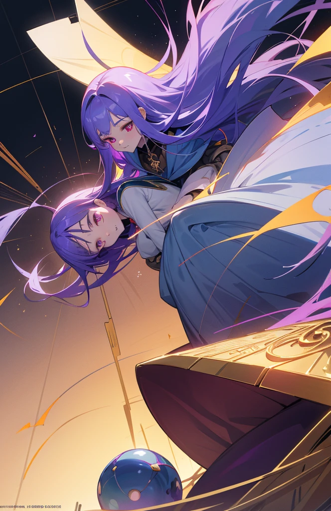 (woman\(Magical girl, Purple long skirt, Long flowing blue hair, Red pupils, Pale skin, Shy face,Shy-eyed), (Magic ball floating in the air),night,The sky is clear,With a little penetrating moonlight, rest ,quality\(8K,Extremely detailed CG unit wallpaper, masterpiece,high resolution,top-quality,top-quality real texture skin,Surrealism,提high resolution,original photo,Best quality,Very detailed,light,Ray Tracing,Golden Ratio\)