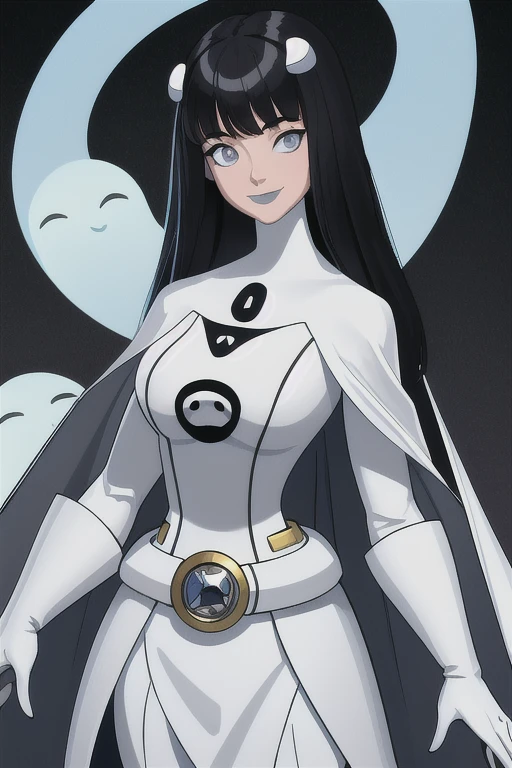 8k,highres,absurdres,masterpiece,best quality,original,extremely detailed CG,extremely detailed wallpaper,perfect, Phantom girl, Tinya Wazzo, solo, girl1, long black hair, bodysuit. grey eyes, smile, white hair ornament, ghost logo, grey lips, belt, white cape, white gloves, best quality, masterpiece, cowboy shot, park