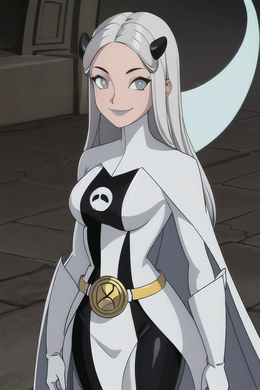 8k,highres,absurdres,masterpiece,best quality,original,extremely detailed CG,extremely detailed wallpaper,perfect, Phantom girl, Tinya Wazzo, solo, girl1, long black hair, bodysuit. grey eyes, smile, white hair ornament, ghost logo, grey lips, belt, white cape, white gloves, best quality, masterpiece, cowboy shot, park