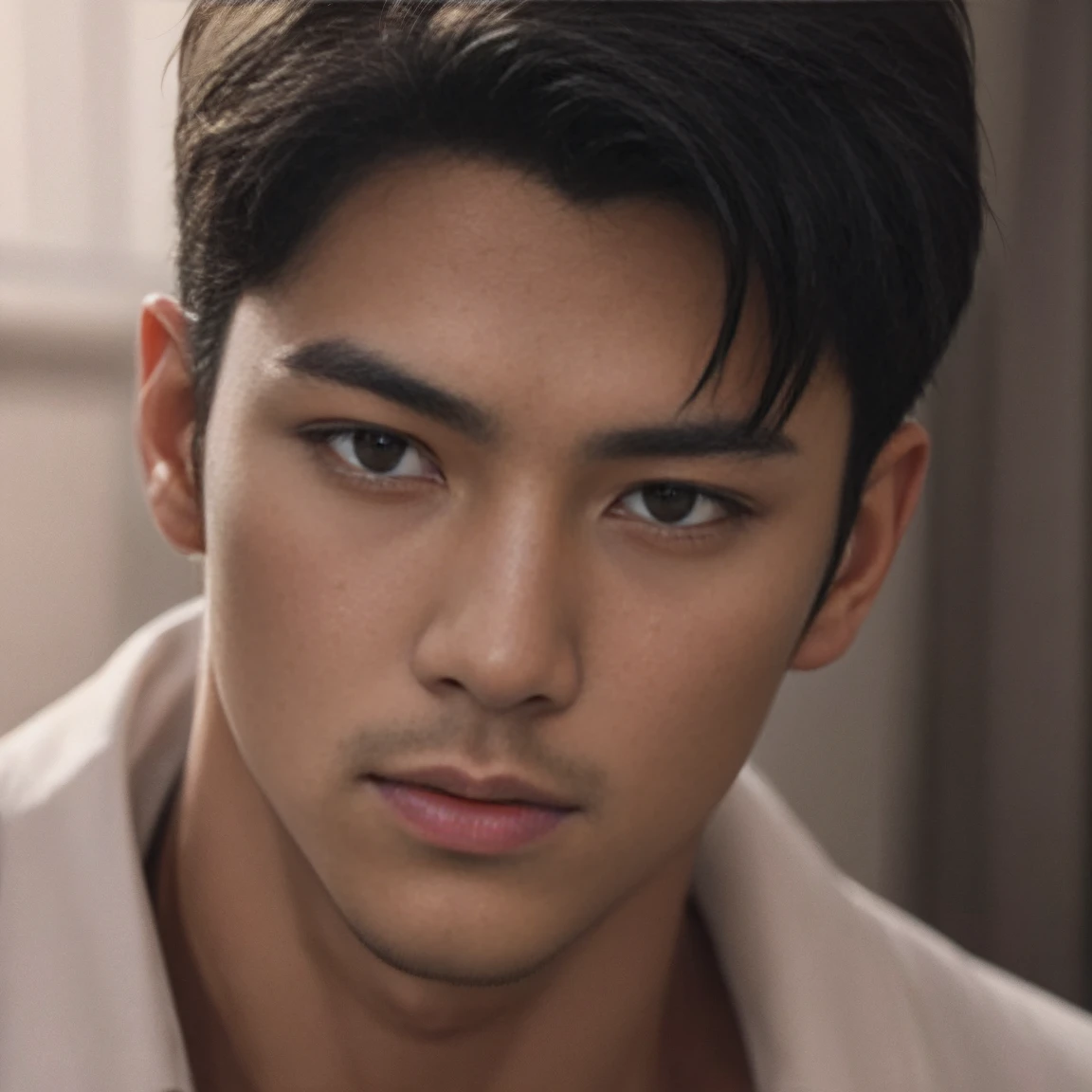 best quality, masterpiece, highres, realistic, 1boy, male, solo, head portrait, handsome, asian, model looking at viewer, mature male, muscular male, whiskers, detailed face