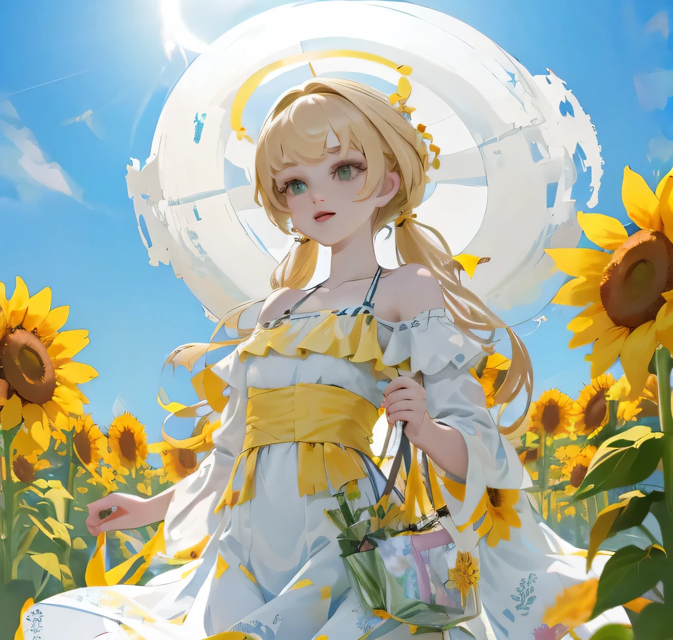 (high quality) (best quality) (a woman) (correct physiognomy) Woman, blonde hair with bangs on her forehead, Flower crown on her head, green eyes, tender lips, middle age, olive green summer dress with print of flowers, location of the photo, the woman must be in the middle of a field of sunflowers, lighting of the photo: sunlight, proportion from head to hips..
