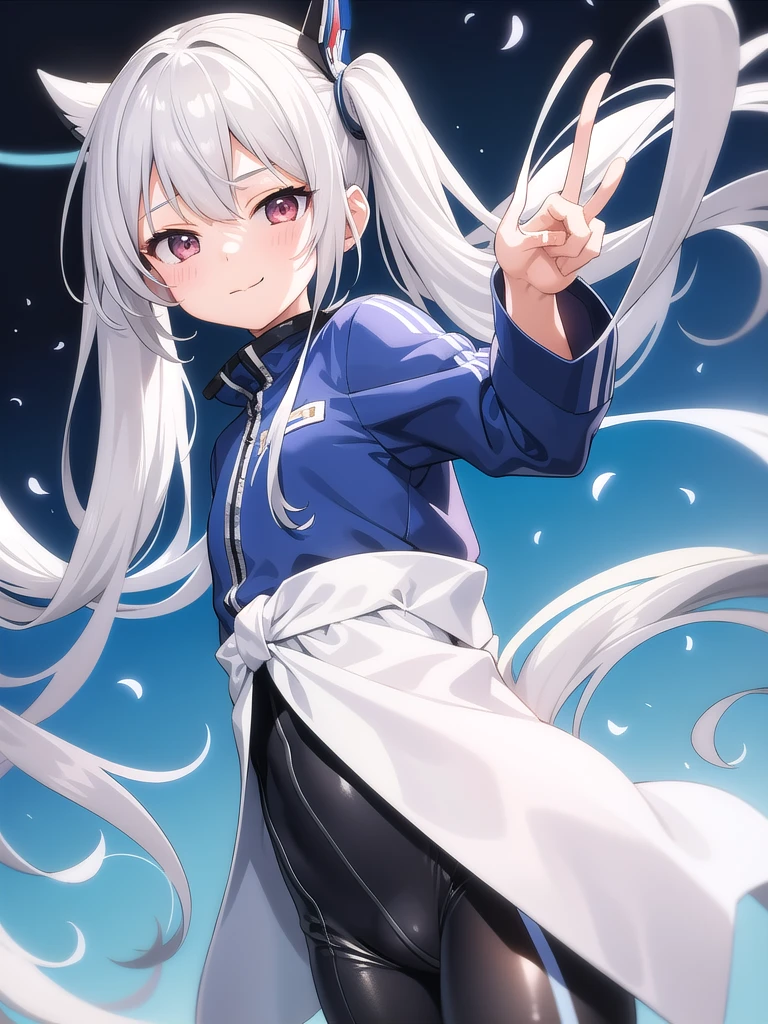 1girl, anime girl, silver hair, long twintails, silver eyes, blue school suit, white background, closed mouth small smile, small closing eyes