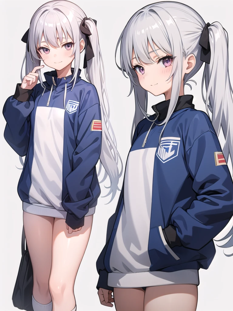 1girl, anime girl, silver hair, long twintails, silver eyes, blue school suit, white background, closed mouth small smile, small closing eyes
