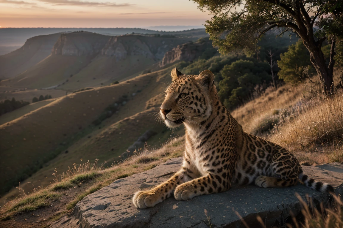 (best quality,4k,8k,highres,masterpiece:1.2),ultra-detailed,(realistic,photorealistic,photo-realistic:1.37),dawn,leopard perched on rugged cliff,overlooking vast grassland,dawn light casting long shadows,reflective eyes,soft sunlight,cinematic,illustration,high-definition,realistic fur texture,majestic,serene,ethereal,surreal,rich colors,warm tones,soft lighting